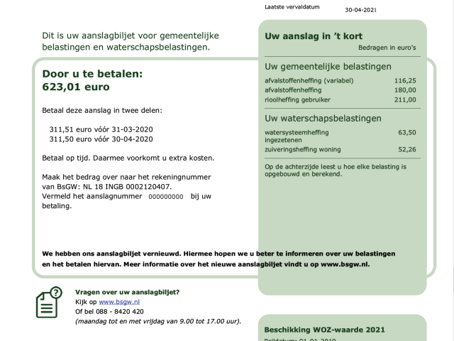 Het vernieuwde aanslagbiljet van BsGW 