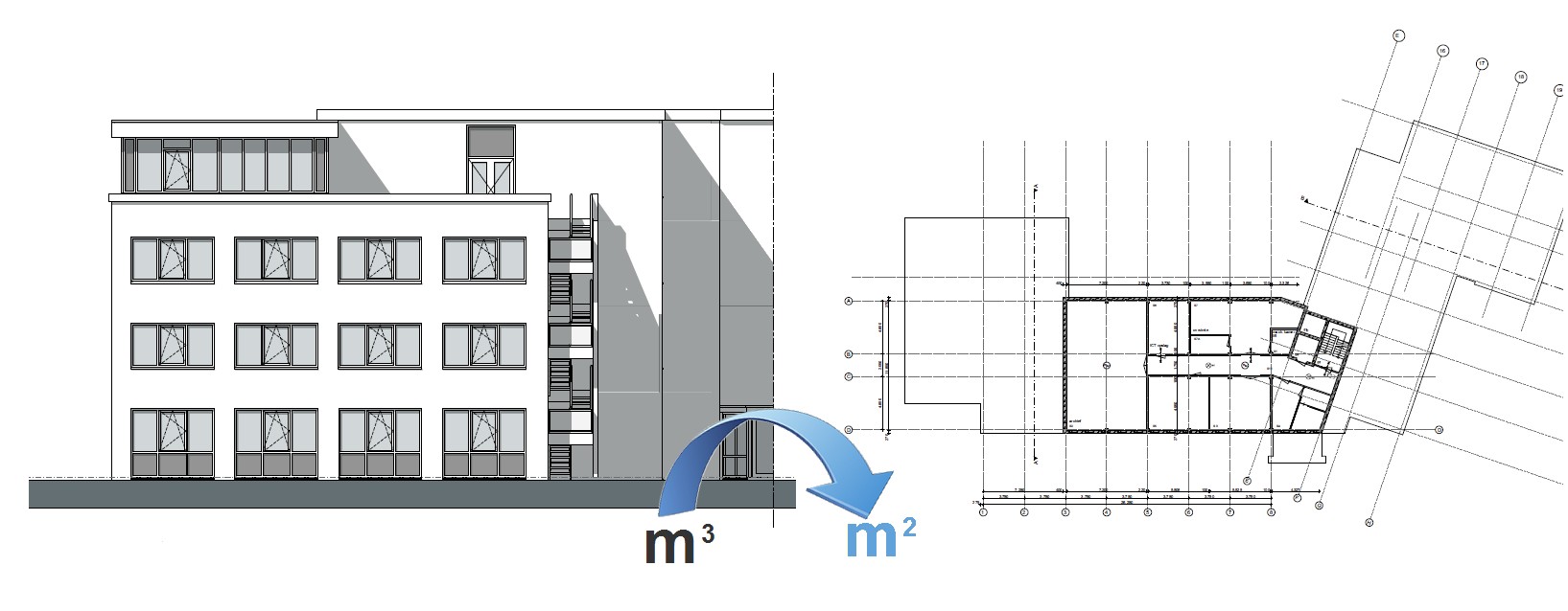 Grafische afbeelding van een gebouw en een plattegrond om aan te duiden dat het woz-waarderen op basis van kubieke meters verandert in woz-waarderen op basis van vierkante meters.